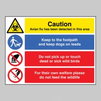 Caution - Avian flu - Keep dogs on leads - Do not touch wild birds - Do not feed wildlife - Multi-message