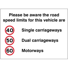 Please be Aware the Road Speed Limits for this Vehicle Are 40 - 50 - 60mph